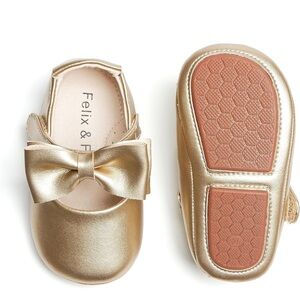 Shimmery Gold Dress Shoes with Bow and Slip-On Style